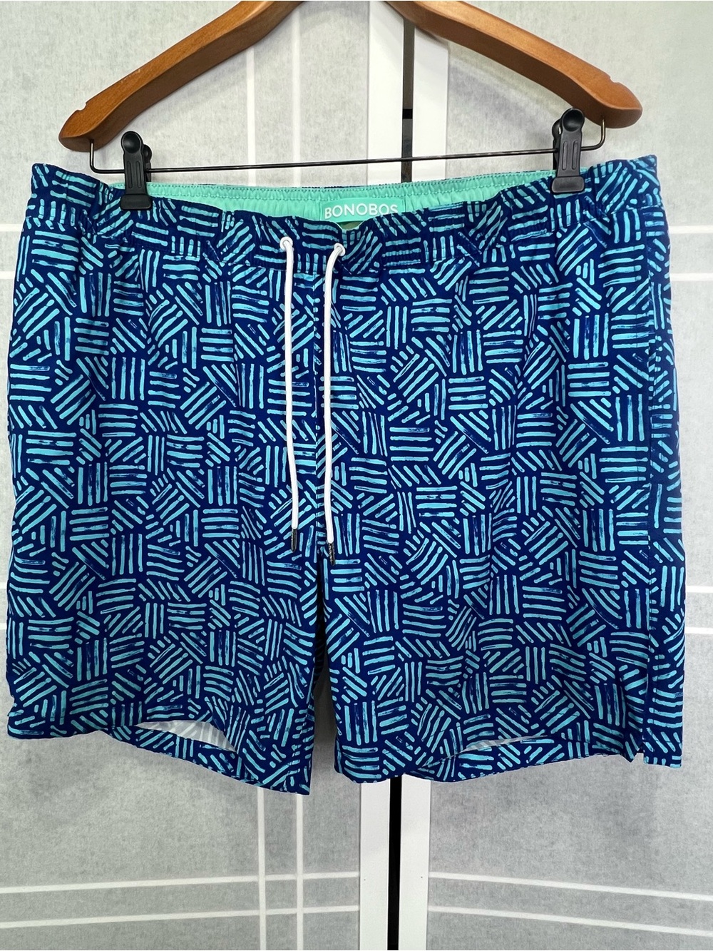Bonobos Navy and Aqua Geometric Swim Trunks